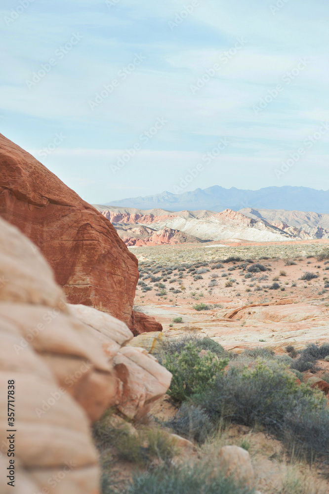 Desert scenic landscape of red and pink rock formations at Valley of Fire