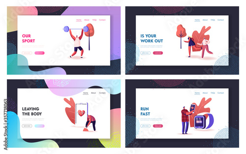 Smart Shoes Landing Page Template Set. Characters Sportsmen and Sportswomen Training in Sport Sneakers Connected to Smartphone Application Walking in Smart Footwear. Cartoon People Vector Illustration