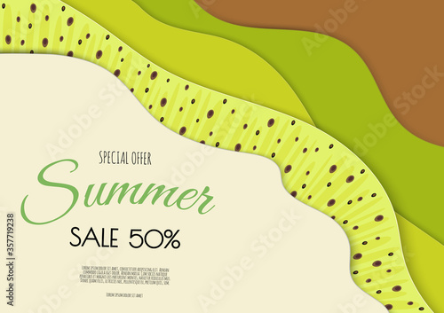 Summer sale banner design with paper cut kiwi top view background. Vector illustration
