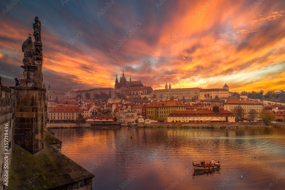Prague Cityscape, sunset on Vltava river