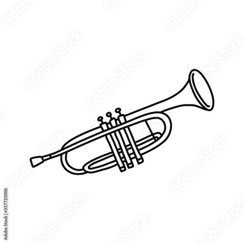 Hand drawn sketch of trumpet in doodle style on white background. Vector illustration.
