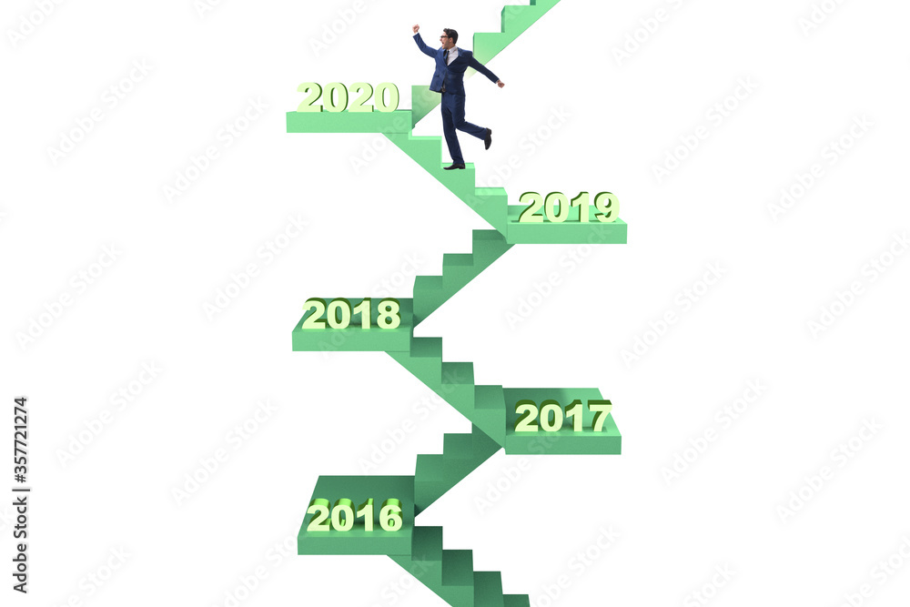 Businessman climbing stairs on yearly basis Businessman climbing stairs on yearly basis