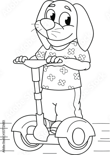 Coloring page outline of cartoon smiling cute dog on a segway. Colorful vector illustration, summer coloring book for kids.