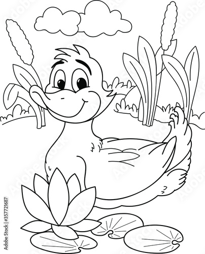 Coloring page outline of cartoon smiling cute girl duck. Colorful vector illustration, summer coloring book for kids.
