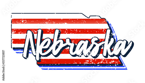 American flag in nebraska state map. Vector grunge style with Typography hand drawn lettering nebraska on map shaped old grunge vintage American national flag isolated on white background