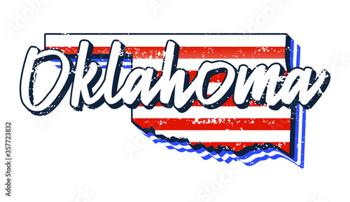 American flag in oklahoma state map. Vector grunge style with Typography hand drawn lettering oklahoma on map shaped old grunge vintage American national flag isolated on white background