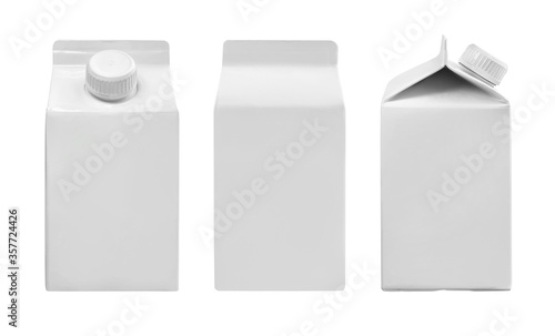 Juice and milk blank white carton boxes with different view isolated on white.