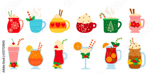 Christmas hot drink set. Flat cartoon different beverages. Holiday cute mugs hot cocoa, coffee, milk, cream and mulled wine. New year drinks decorated holly and candy. Isolated vector illustration