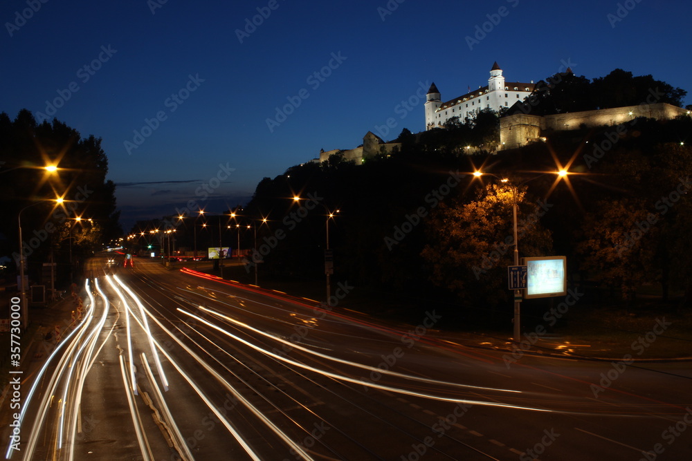 Night traffic in the Bratislava Castle, Slovakia