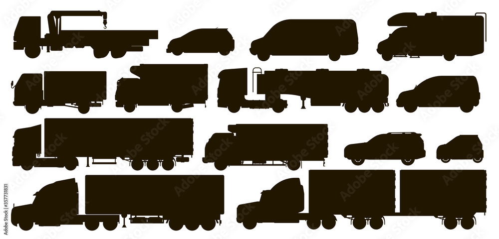 Delivery transport set. Cargo and passenger transport silhouettes ...