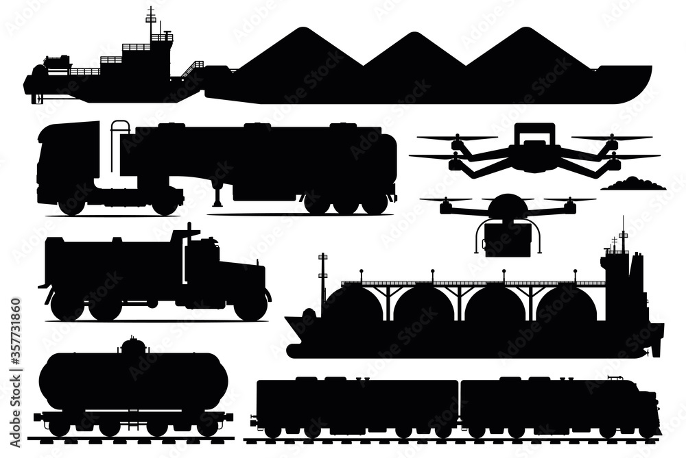 Freight transport set. Industrial transportation shipping vehicle silhouettes. Isolated freight ship, tanker truck, railroad car, drone, train transport flat icon collection. Cargo delivery service