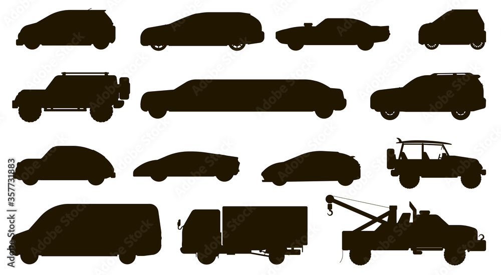 Car vector silhouette. Different automobiles type. Isolated hatchback, CUV, van, tow truck, sedan, taxi, SUV car vehicle flat icon collection. City auto motor transport types and transportation
