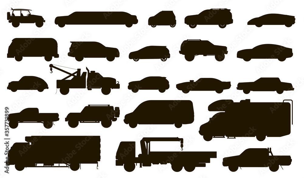 Cars vector silhouette. Automobiles type. Isolated bus, motorhome, van, tow truck, sedan, taxi, limousine, SUV car vehicle flat icon collection. Urban auto motor transport silhouette models set