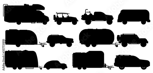 Travel car silhouette. Camping car set. Isolated RV camper caravan, motorhome, van, travel trailer, automobile flat icon collection. Tourism transport recreational vehicle, mobile home transportation © studioworkstock