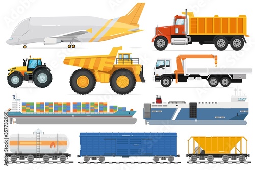 Freight transportation set. Cargo shipping vehicle side view. Isolated industrial aircraft, dump, crane truck, ship, railway tank, freight car transport collection. Transportation delivery service.