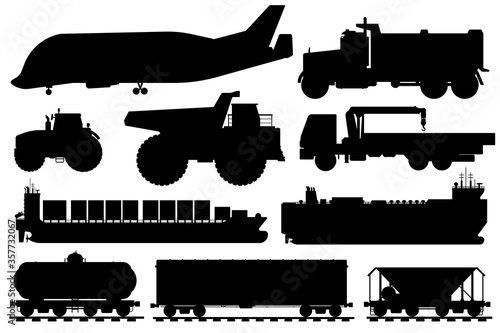 Freight shipping silhouette. Cargo shipping vehicle icon. Isolated industrial aircraft, dump, crane truck, ship, freight car transport flat icon collection. Transportation, delivery service concept