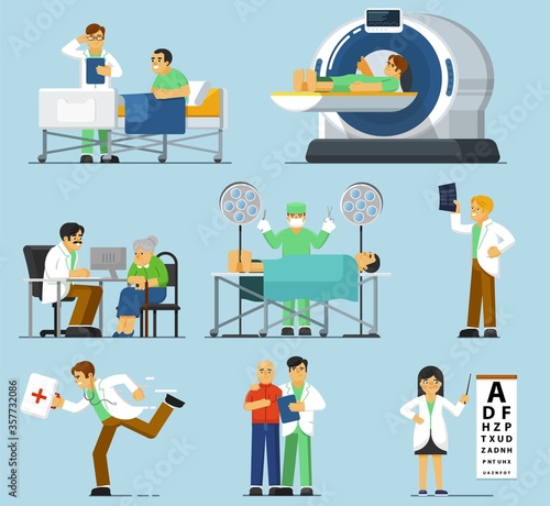 Medical specialist set. Isolated therapist people, physician examining patient, surgeon profession, emergency doctor, oncologist specialist, MRI, X-ray in medical hospital. Medicine and health care