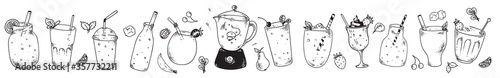 Smoothie sketches line for dink menu. Natural vegetarian fruit cocktail refreshment in glasses. Isolated vitamin drink for healthy nutrition. Smoothie in cup with straw, strawberries, blender sketch