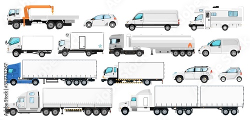 Vehicle branding mockup. Vector transport template for branding. Isolated blank white side tanker trailer, truck, van automobile, motorhome, CUV car mock up icon collection. Cargo, passenger vehicles
