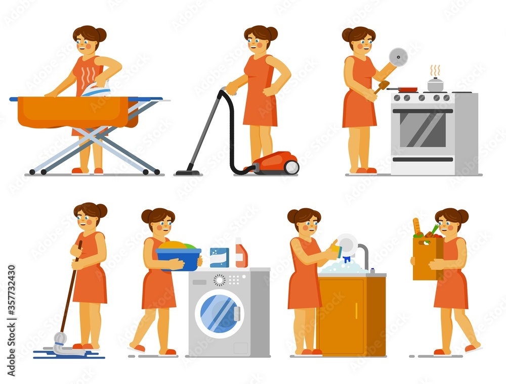 House chores set. Housewife doing house work at home. Isolated woman ironing clothes, cleaning floor with mop, hoovering, cooking, washing laundry, dishes. Housekeeping, housework, household chores House chores set. Housewife doing house work at home. Isolated woman ironing clothes, cleaning floor with mop, hoovering, cooking, washing laundry, dishes. Housekeeping, housework, household chores