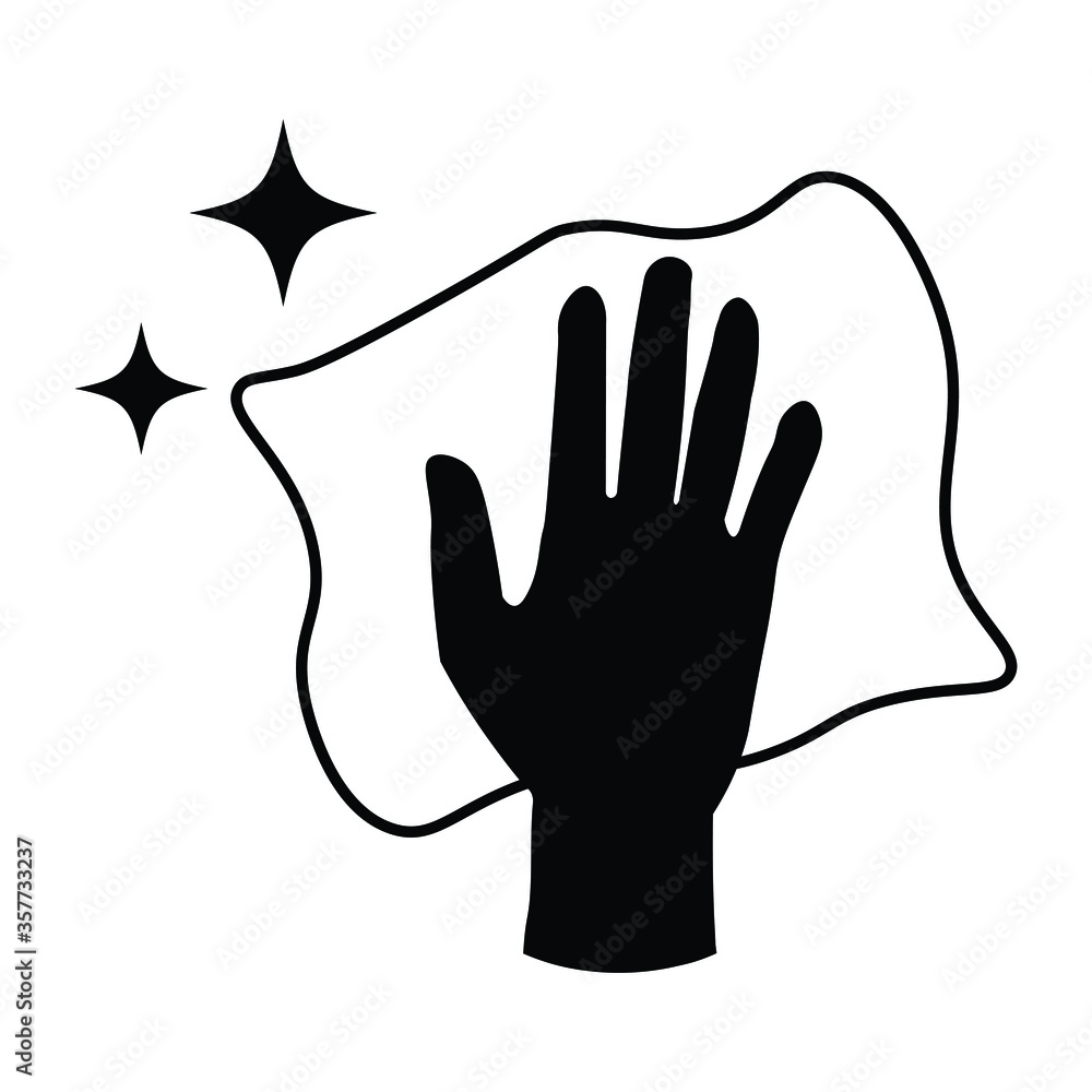Hand Arms Wiping Cleaning With Cloth and Sparkling Stars. Black Illustration Isolated on a White Background. EPS Vector Hand Arms Wiping Cleaning With Cloth and Sparkling Stars. Black Illustration Isolated on a White Background. EPS Vector
