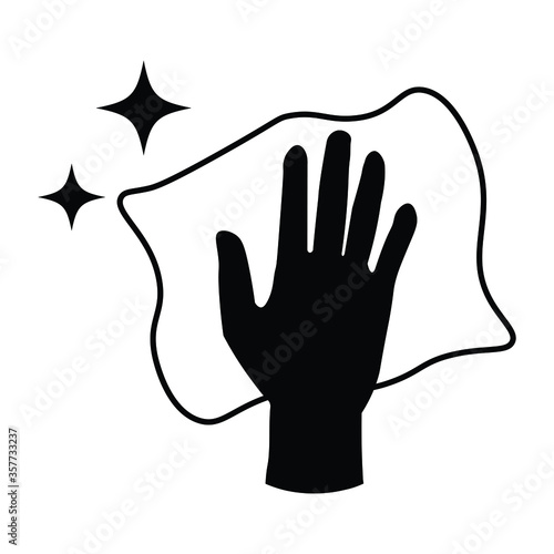 Hand Arms Wiping Cleaning With Cloth and Sparkling Stars. Black Illustration Isolated on a White Background. EPS Vector 