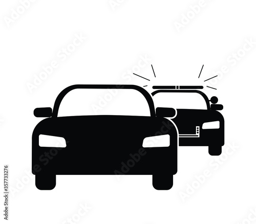 Car Getting Pulled Over Stopped by Police Cop Flashing Siren Lights. Black Illustration Isolated on a White Background. EPS Vector 
