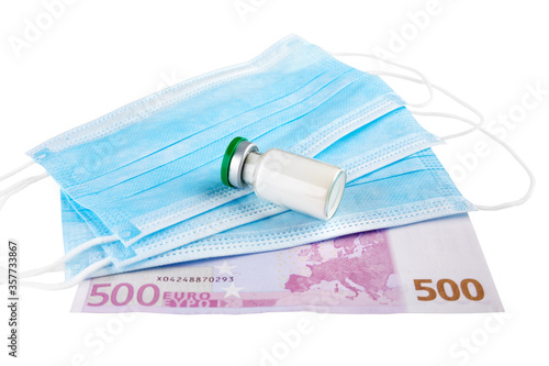 Blue medical face masks, 500 Euro banknote and vaccine isolated on white background