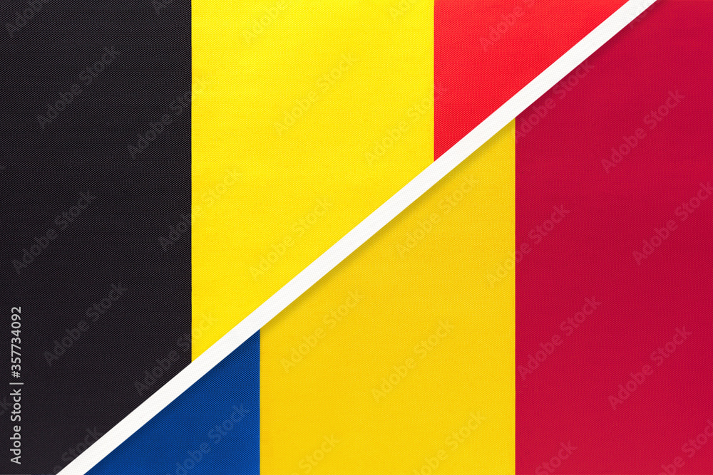 Fototapeta premium Belgium and Romania, symbol of two national flags from textile. Championship between two European countries.