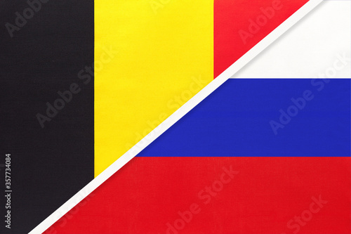 Belgium and Russia  symbol of two national flags from textile. Championship between two European countries.