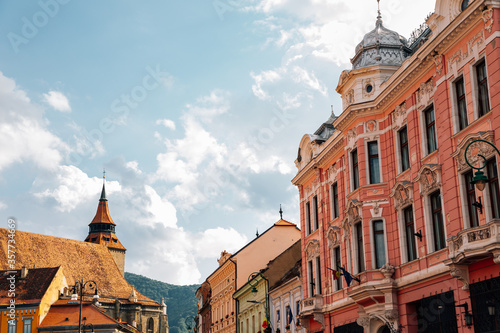 Black Church and old town street in Brasov, Romania