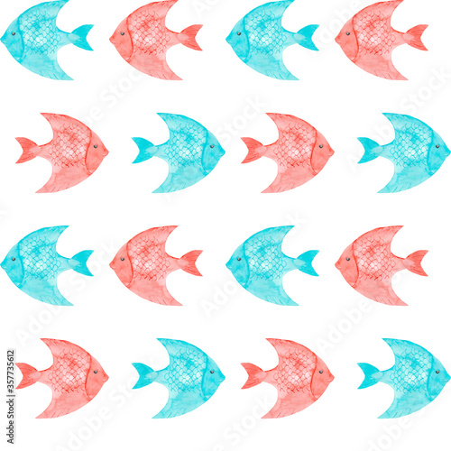 Watercolor seamless pattern. The marine fish isolated on white background. Hand drawn. Fresh ocean organic illustration. Design for kitchen, textile fabrics, invitations, cards, wall art, packaging.