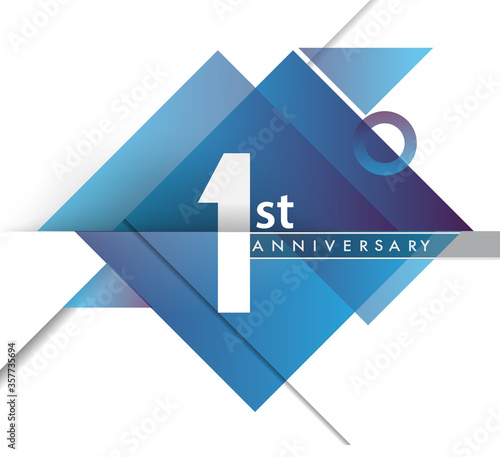 1st years anniversary logo with geometric, vector design birthday celebration isolated on white background.