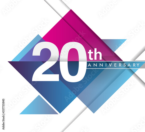 20th years anniversary logo with geometric, vector design birthday celebration isolated on white background.