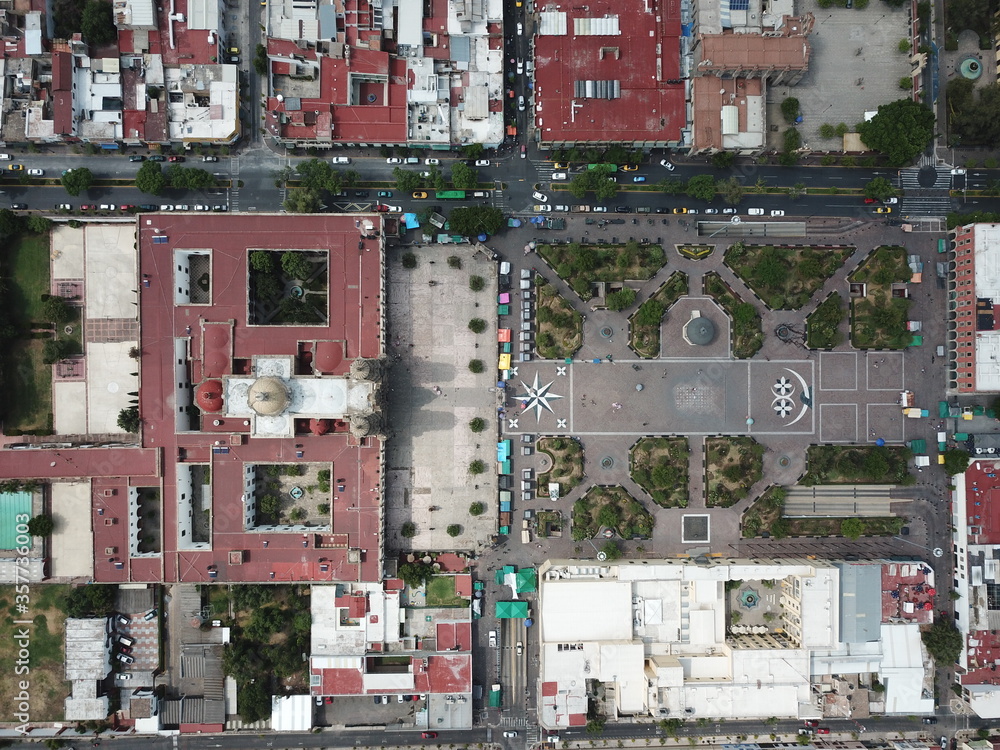 Zenith view of Zapopan's central square and surrounding streets