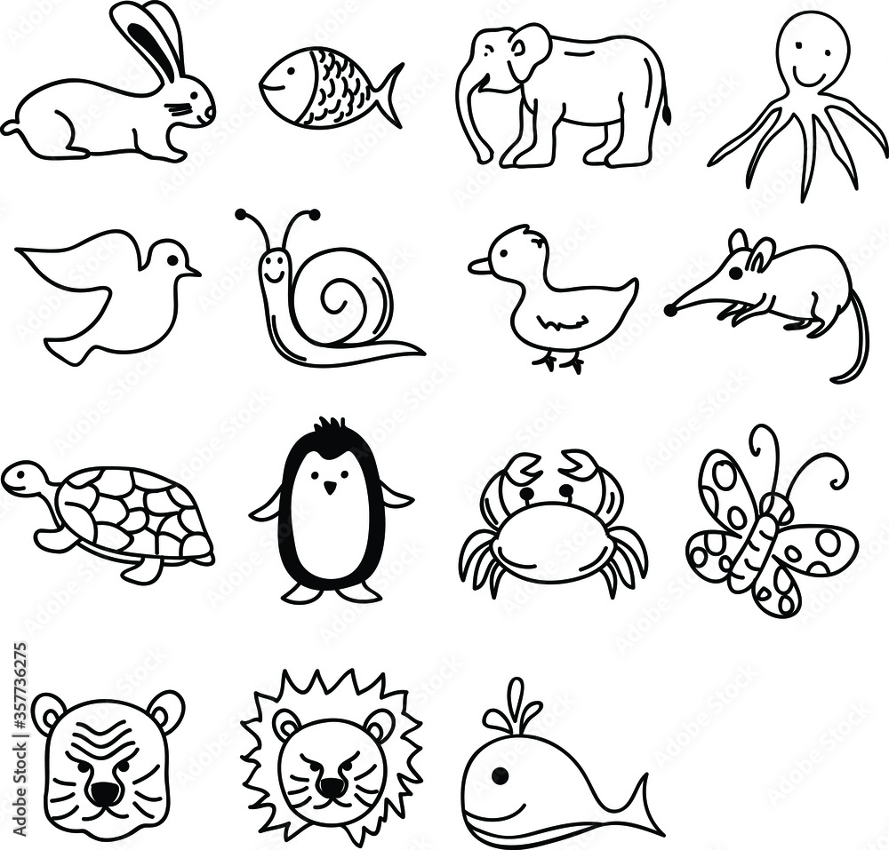 Obraz premium set of funny animals illustration or icon set with doodle style