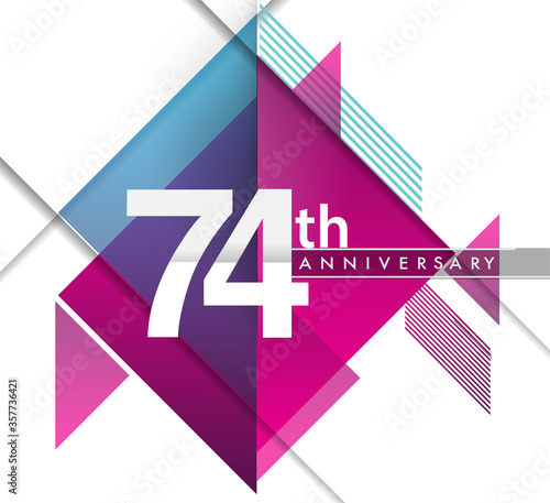 74th years anniversary logo with geometric, vector design birthday celebration isolated on white background.