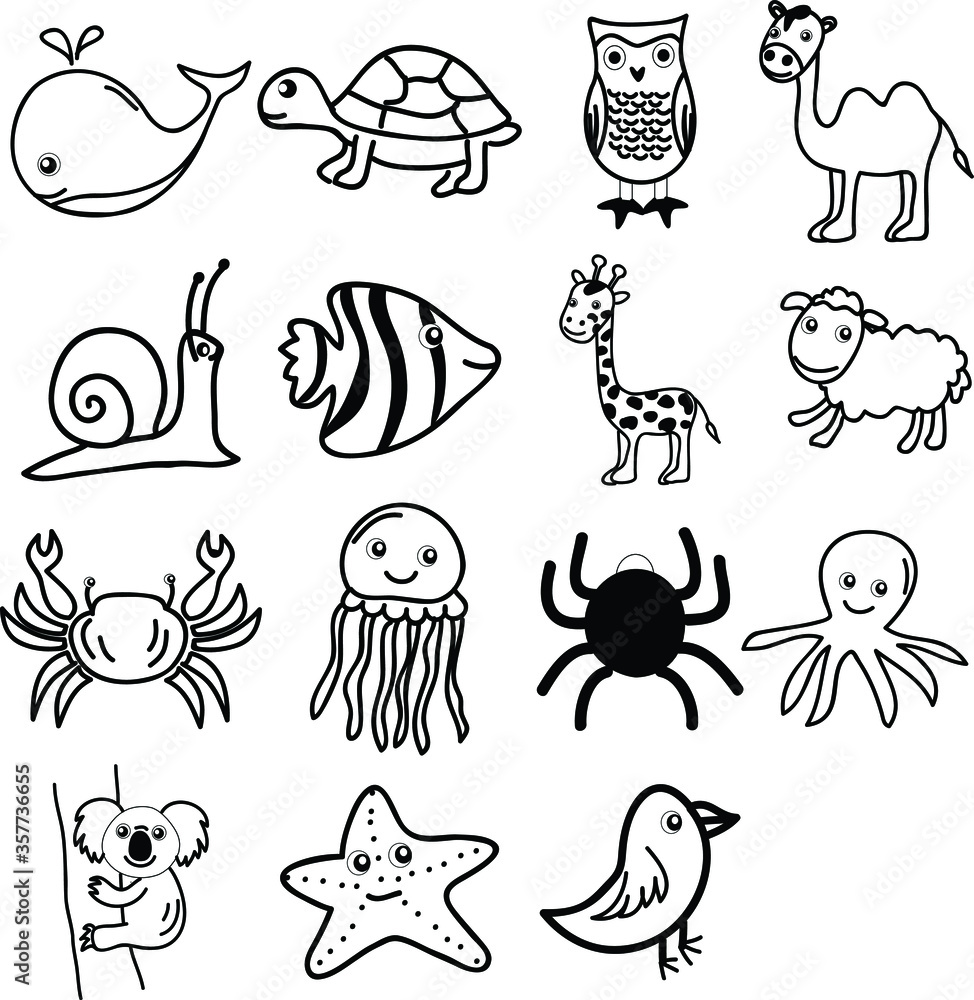 collection of sea animals illustration or icon set with doodle style