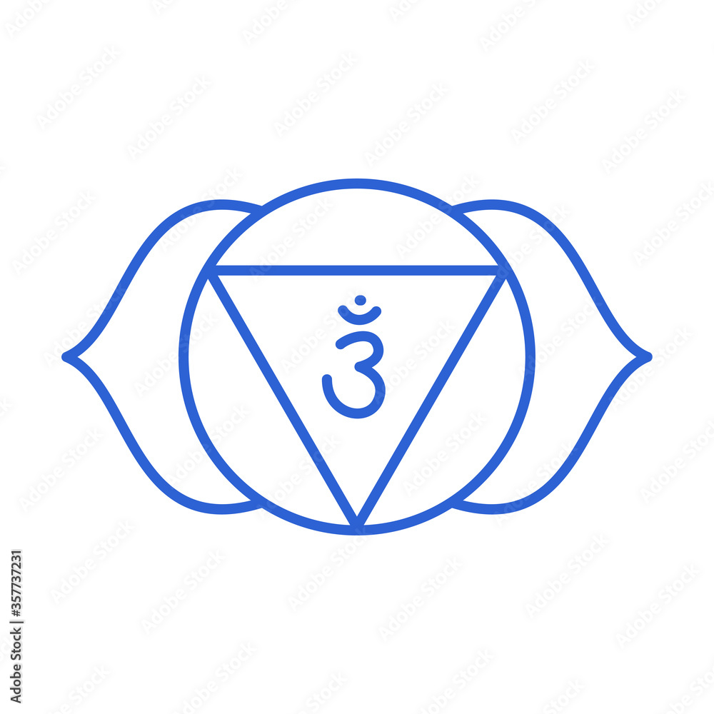 Ajna icon. The sixth frontal chakra. Third eye. Vector indigo blue line symbol. Sacral sign. Meditation
