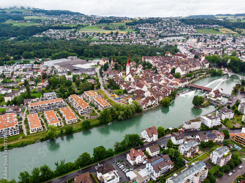 Aerial view of medieval city on the river