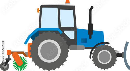 Construction machinery: blue tractor isolated on a white background. The work of a tractor excavator at a construction site, in a quarry, for road works. Flat infographics. Vector illustration
