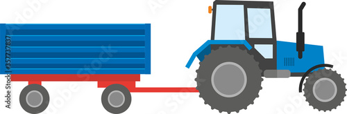 Construction machinery: blue tractor with trailer for cargo isolated on a white background. Tractor excavator work at a construction site, in a quarry, road. Flat infographics. Vector illustration