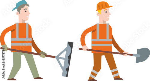 Road construction workers: men in an orange uniform and helmet with a shovel and with a leveler for asphalting in their hands. Flat infographics. Vector illustration