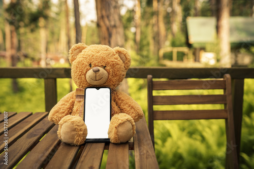 teddy bear with phone. mock up phone image © avtk