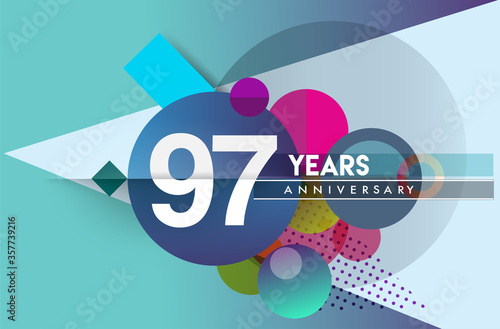 97th years anniversary logo, vector design birthday celebration with colorful geometric background and circles shape.