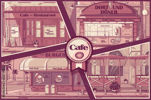 Vector set background cafes in Budapest, New York, Budapest, Dnipro