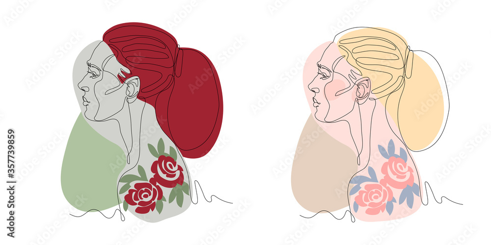 head of a young cute girl in profile with tattoo of red roses, for logo, posters, cards, vector illustration with black contour lines isolated on a white background in one line drawing & vintage style