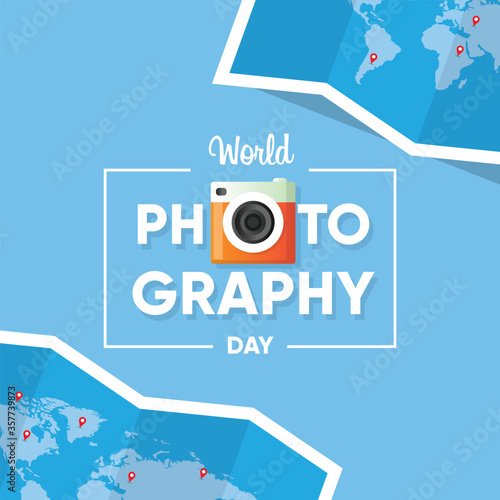 World Photography Day with camera lens world map and film roll.. Planning summer vacations. Holiday, journey. Tourism and vacation theme. Poster. Flat design vector illustration.