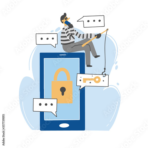 Scammer attack, email phishing, cyber hacker, online fraud, security concept design for web, banner, social media. Cartoon character of scammer. Flat design vector illustration.