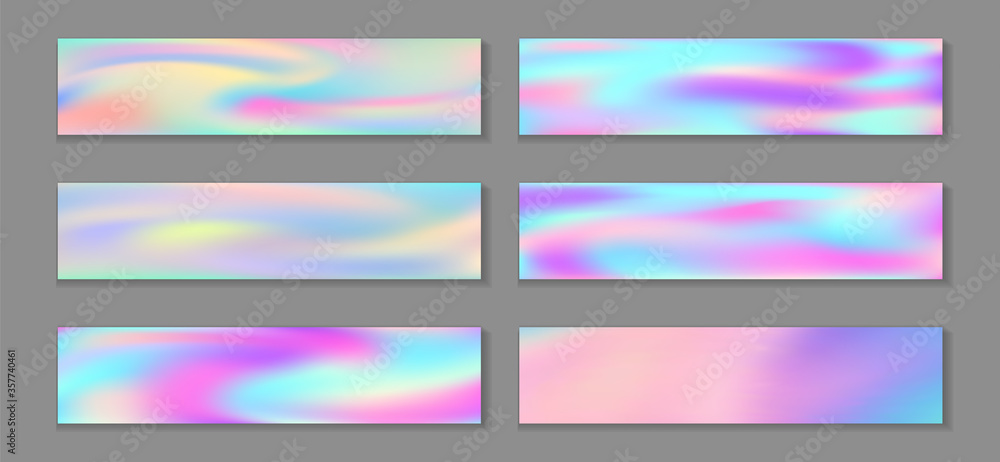 Neon holo minimal banner horizontal fluid gradient unicorn backgrounds vector set. Opalescence 
